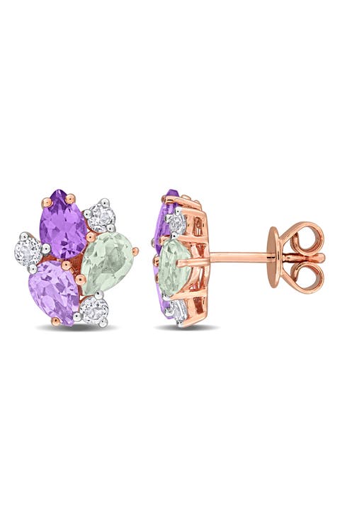 Green Quartz Amethyst & White Topaz Cluster Stud Earrings