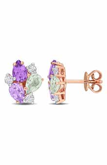 DELMAR Green Quartz Amethyst & White Topaz Cluster Stud Earrings