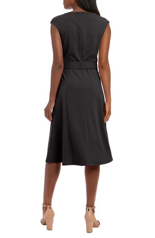 London Times Pleated Boat Neck Fit & Flare Dress In Black