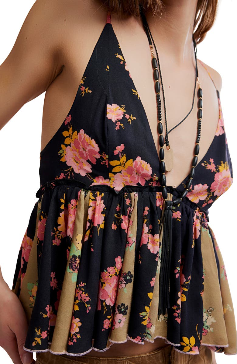 Free People Tillie Floral Plunge Neck Babydoll Top, Alternate, color, Black Combo