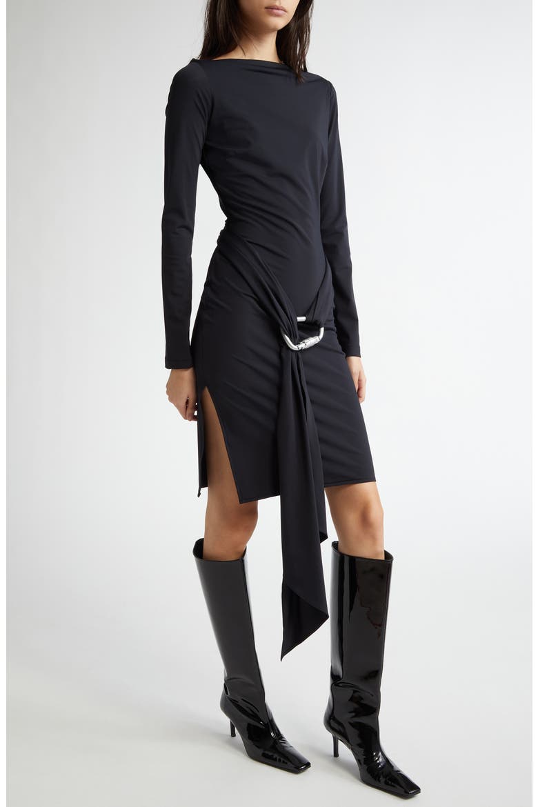 Carabiner Sash Long Sleeve Stretch Jersey Dress, Alternate, color, BLACK