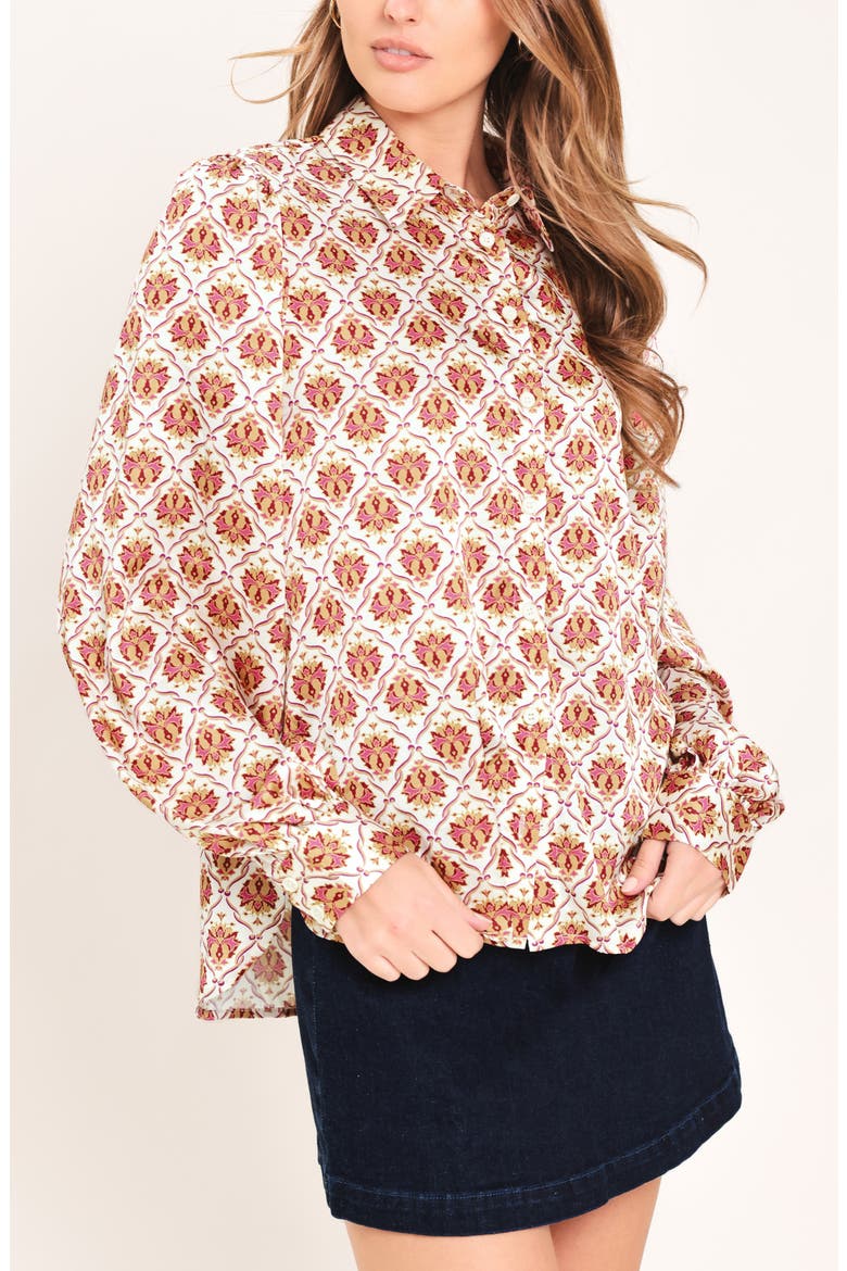 Print Satin Shirt, Alternate, color, BURGUNDY