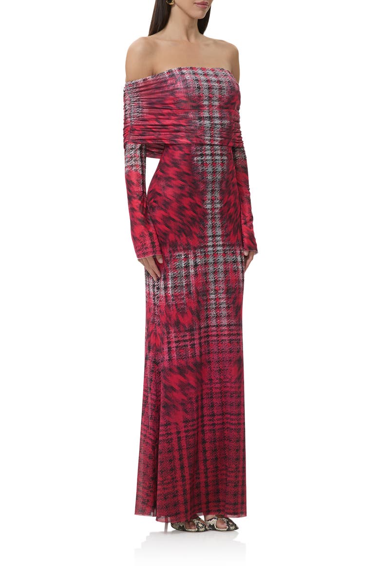 Thelma Off the Shoulder Long Sleeve Maxi Dress, Alternate, color, RUBY HOUNDSTOOTH
