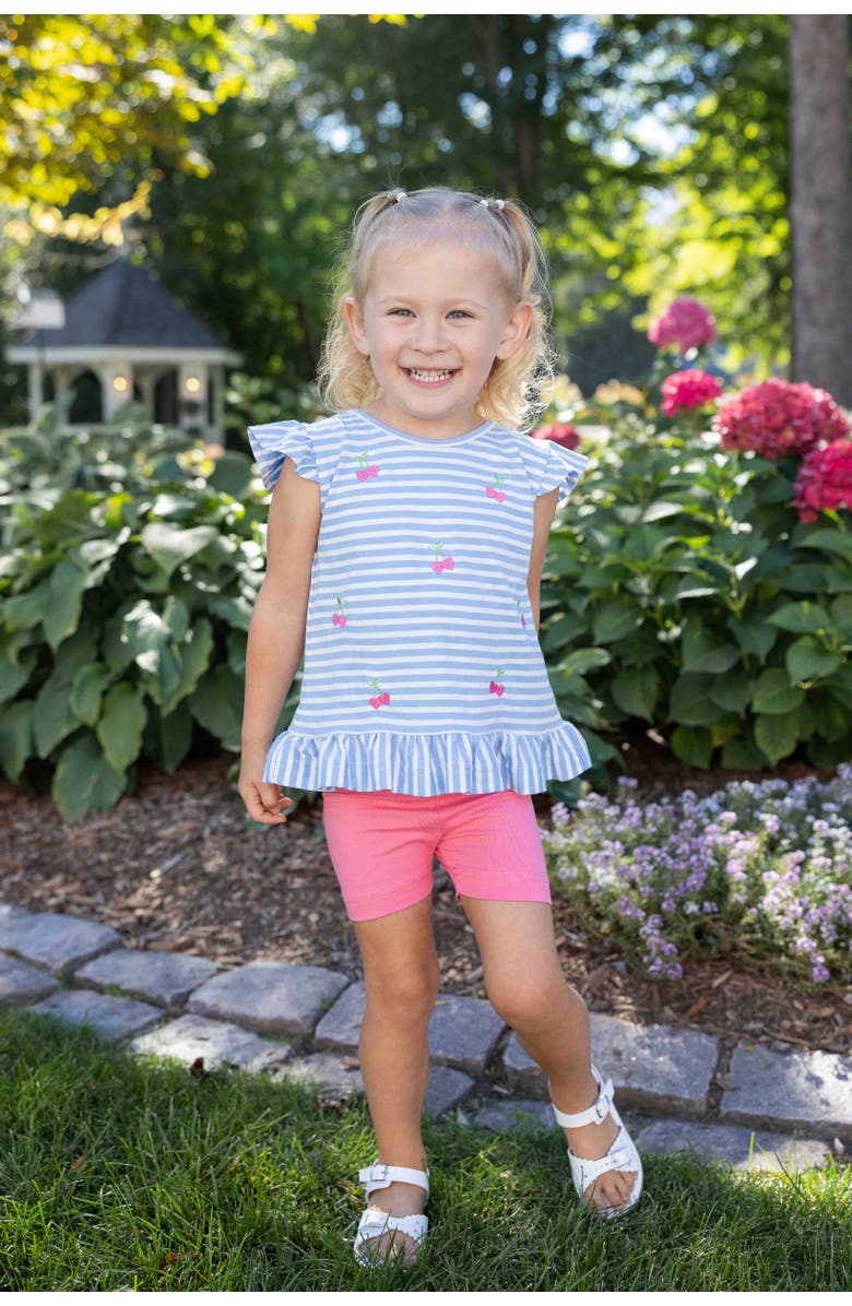 Florence Eiseman Knit Short Set With Embroidered Heart Cherries, Alternate, color, Blue/White/Pink