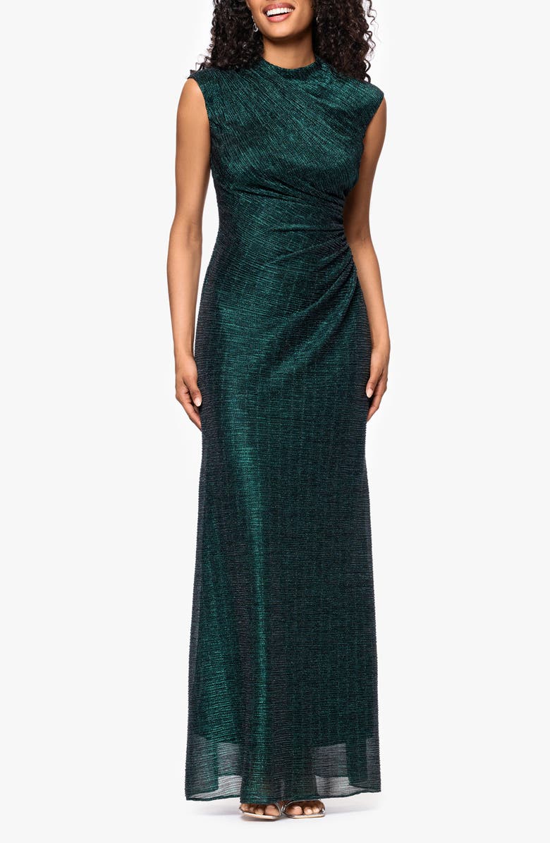 Betsy & Adam Ruched Sleeveless Gown, Main, color, Black/ Emerald