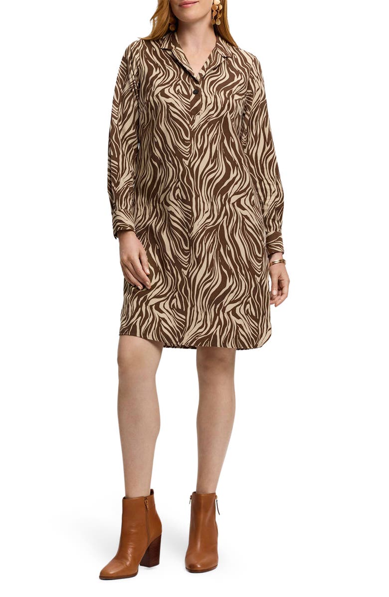 Foxcroft Sloane Zebra Print Long Sleeve Shirtdress, Main, color, Brown