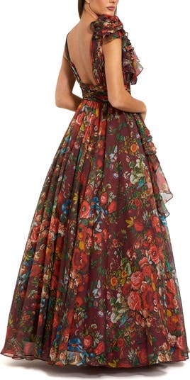Floral Print Ballgown with Ruffle Shoulder and Plunging V-Neck