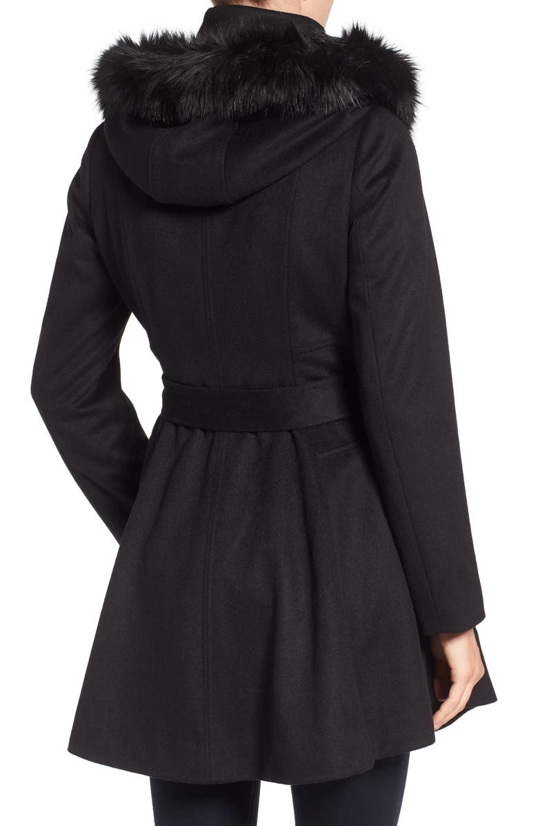 Laundry by Shelli Segal Belted Fit & Flare Coat with Faux Fur Trim, Alternate, color,