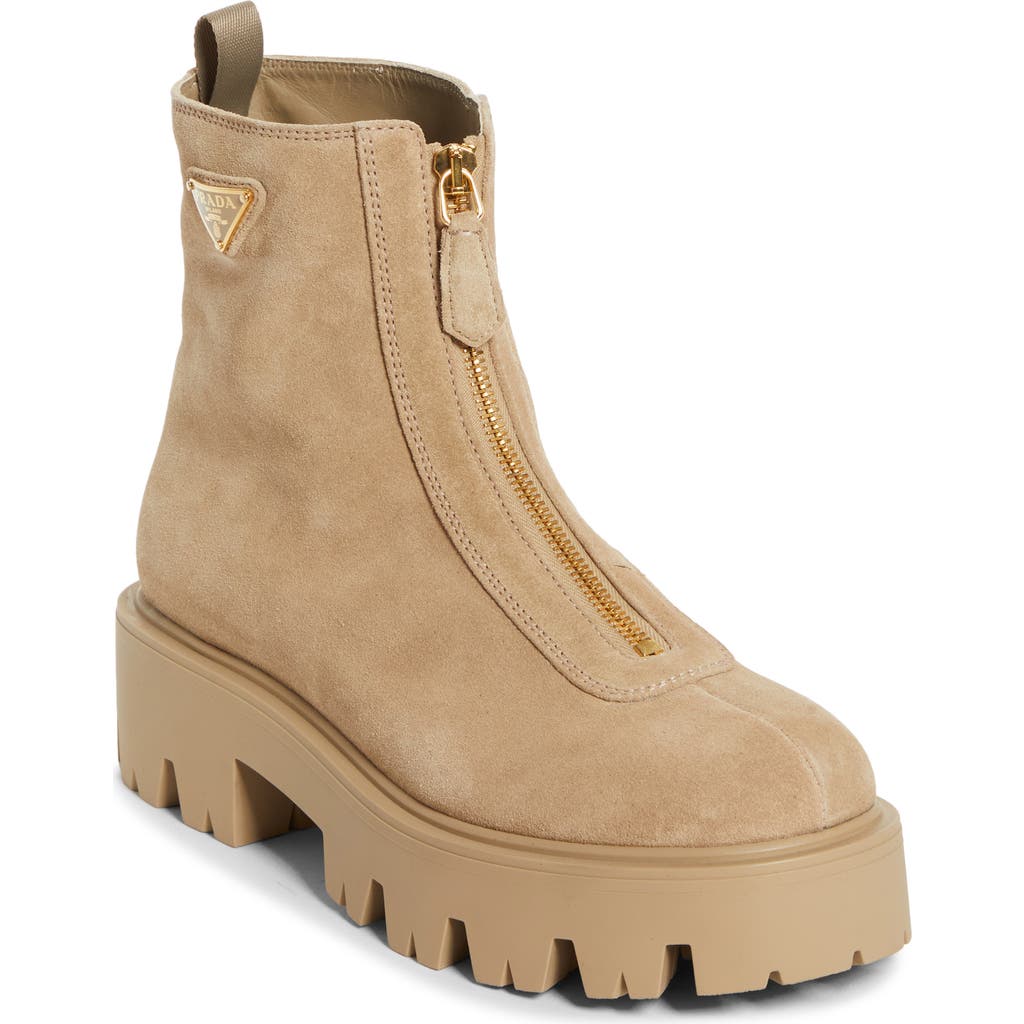Prada Zip Front Lug Bootie In Brown