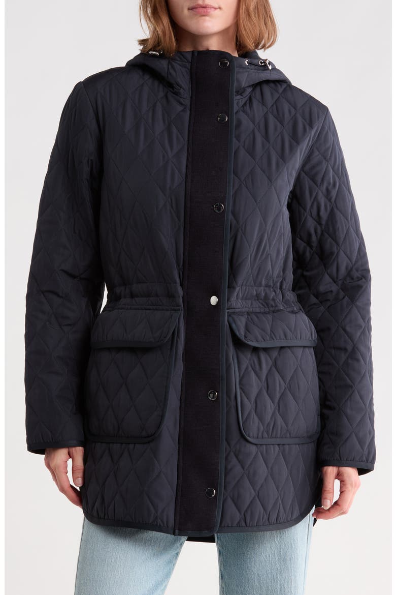 Cinched Waist Quilted Hooded Jacket, Main, color, NAVY
