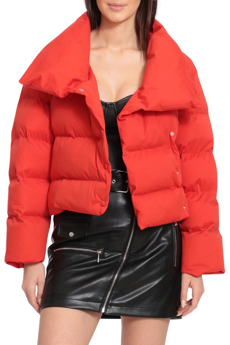 Envelope Collar Water Resistant Duvet Puffer Coat, Main, color, SCARLET