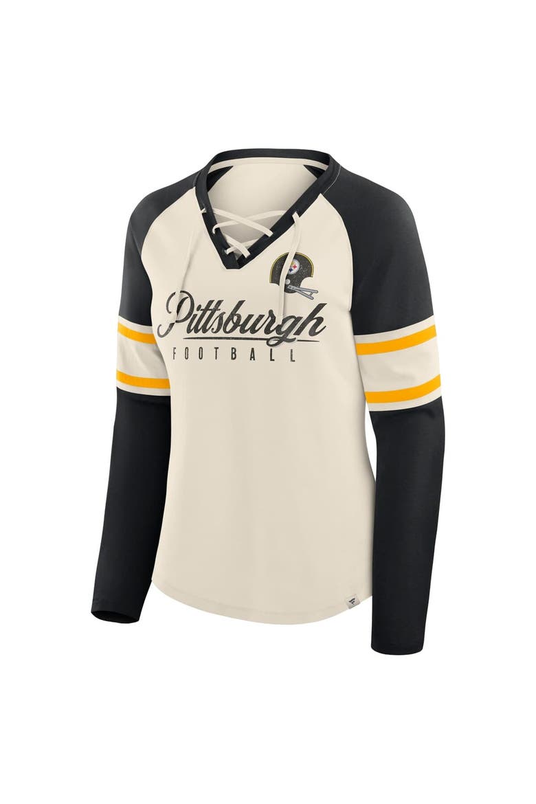 Women's Fanatics Cream/Black Pittsburgh Steelers Hometown Gridiron Hero Raglan Lace-Up V-Neck Long Sleeve T-Shirt, Alternate, color, Cream