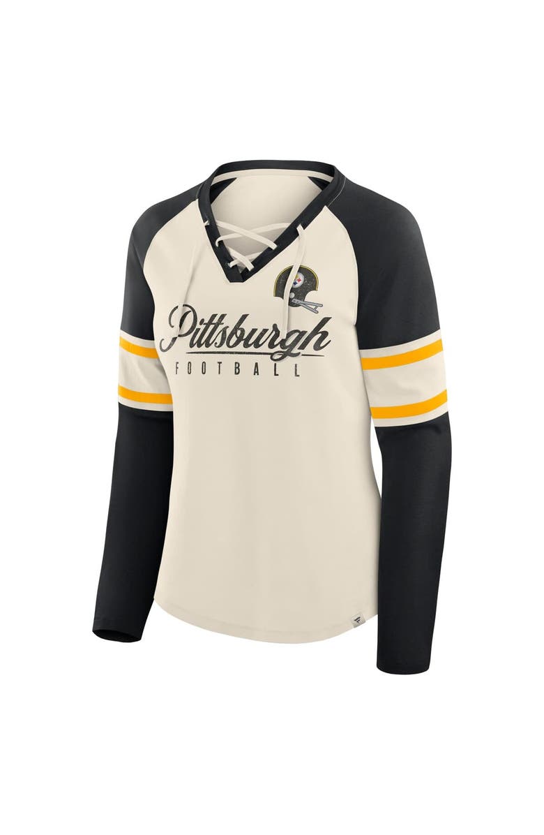 FANATICS Women's Fanatics Cream/Black Pittsburgh Steelers Hometown Gridiron Hero Raglan Lace-Up V-Neck Long Sleeve T-Shirt, Alternate, color, Cream