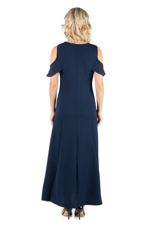 24seven Comfort Apparel Plus Size Ruffle Cold Shoulder A Line Maxi Dress In Blue
