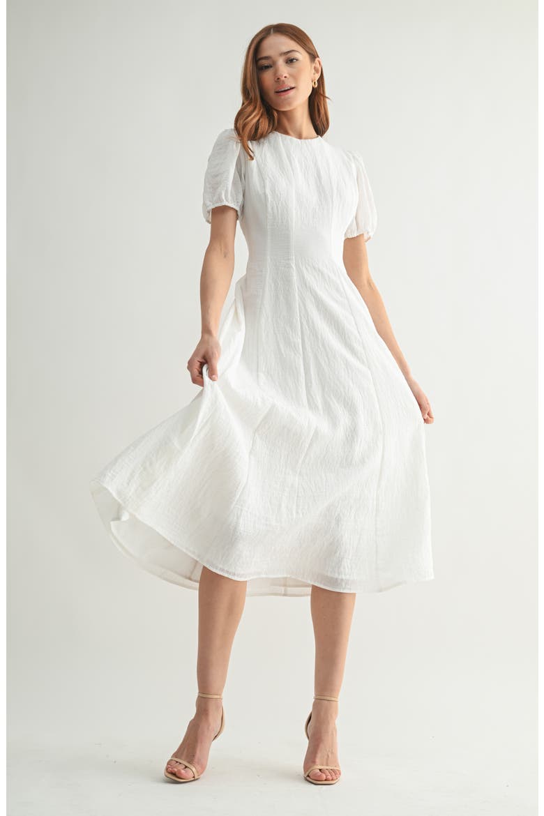 Puff Sleeve A-Line Midi Dress, Alternate, color, OFF WHITE