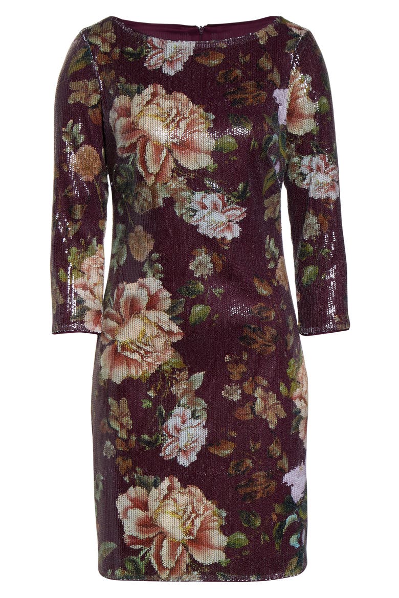 Floral Sequin Shift Dress, Alternate, color, WINE MULTI