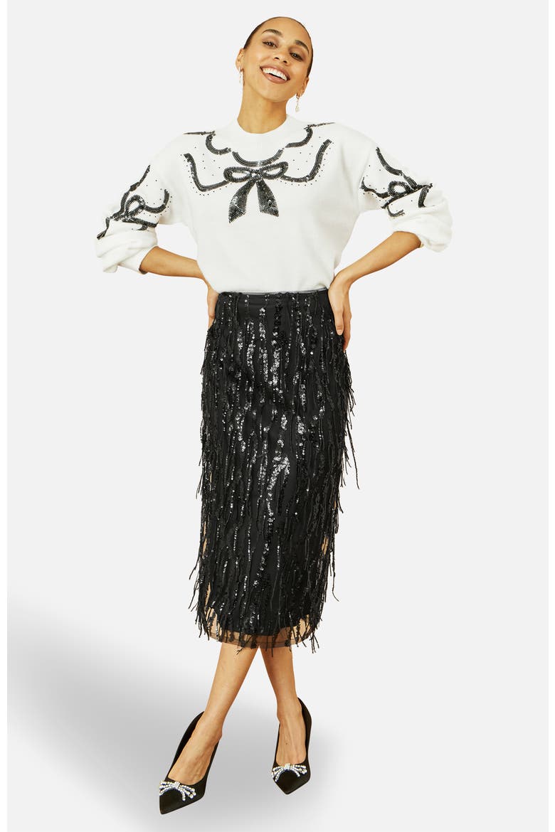 Hanging Sequin Fitted Midi Skirt, Alternate, color, Black