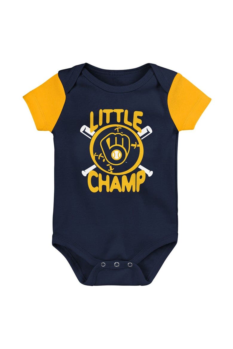 Newborn & Infant Navy/Gold Milwaukee Brewers Little Champ Three-Pack Bodysuit Bib & Booties Set, Alternate, color, Navy