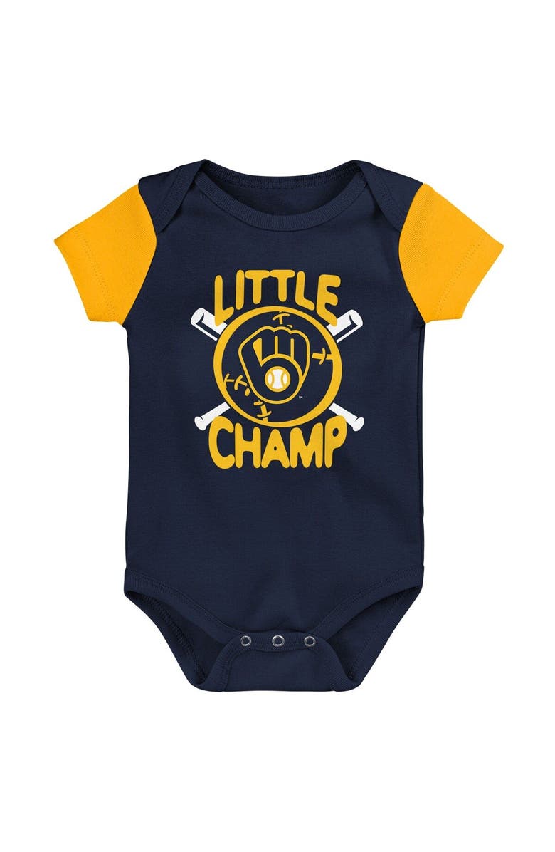 Outerstuff Newborn & Infant Navy/Gold Milwaukee Brewers Little Champ Three-Pack Bodysuit Bib & Booties Set, Alternate, color, Navy