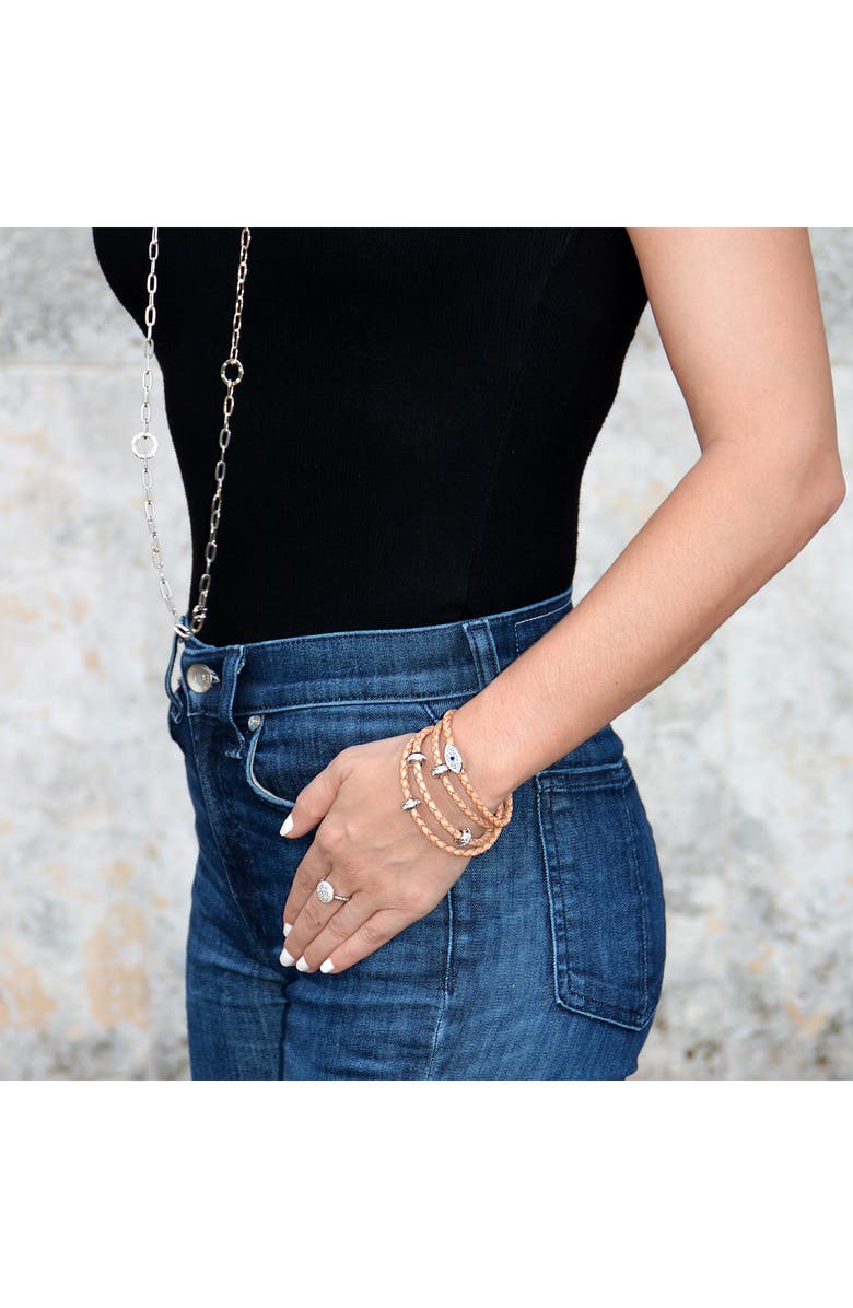 Liza Schwartz Set of 2 Evil Eye & Good Karma Braided Leather Wrap Bracelets, Alternate, color, Silver/ Natural