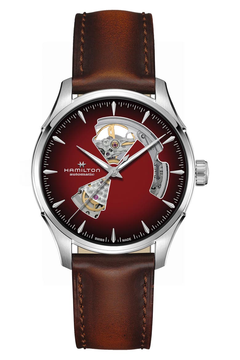 Jazzmaster Open Heart Automatic Leather Strap Watch, 40mm, Main, color, RED