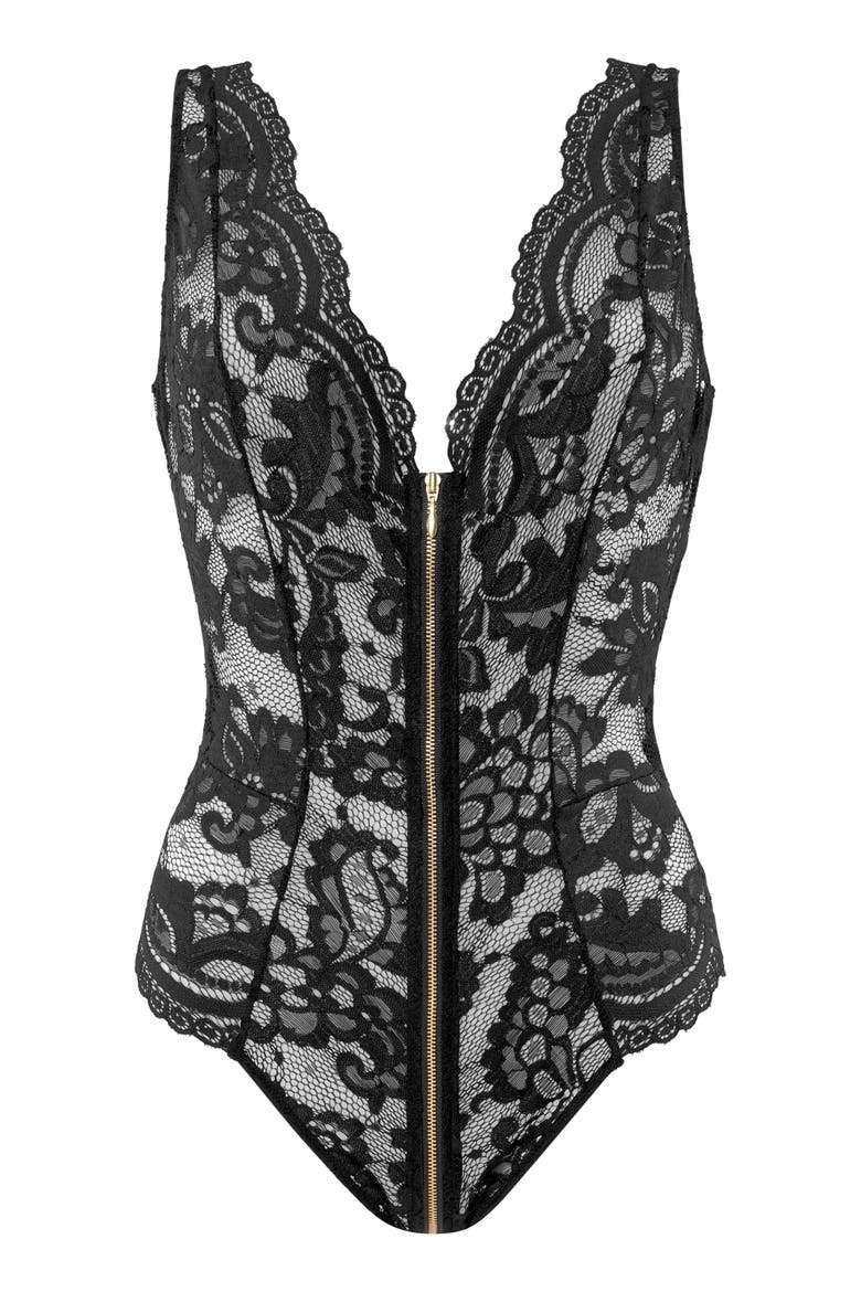 Plunge Zipper Detail Teddy, Alternate, color, Black