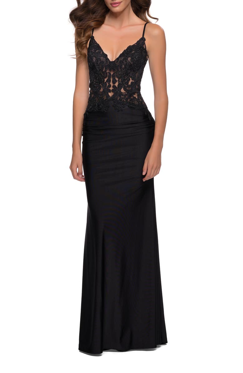 La Femme Jersey Gown with Sheer Lace Bodice and Ruching, Main, color, Black