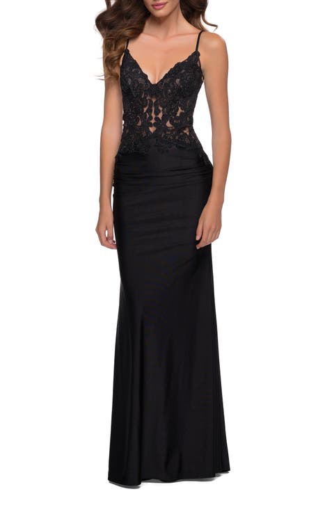 Jersey Gown with Sheer Lace Bodice and Ruching