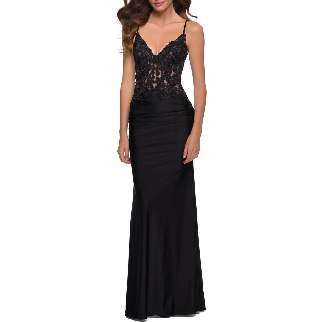 La Femme Sequined Lace Jersey Gown With Sheer Bodice