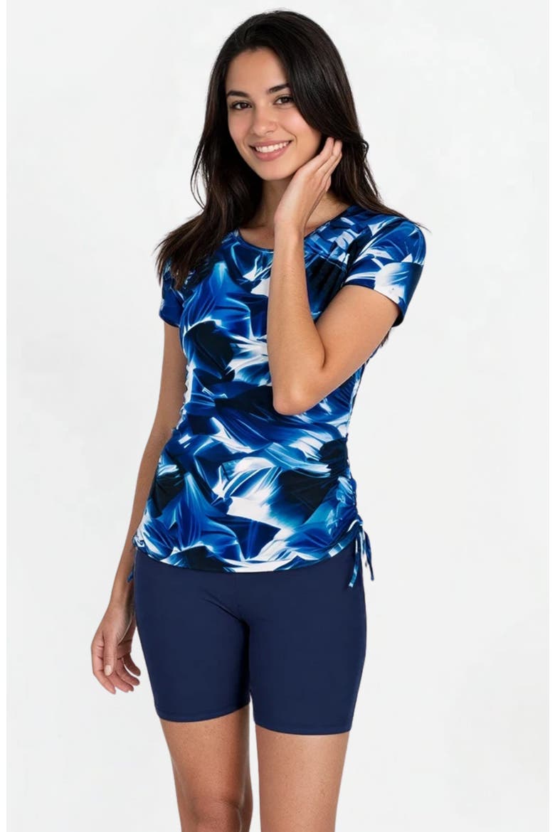 Short Sleeve Adele Swim Top and Navy Mid-Thigh Swim Shorts Set, Alternate, color, Navy Wave