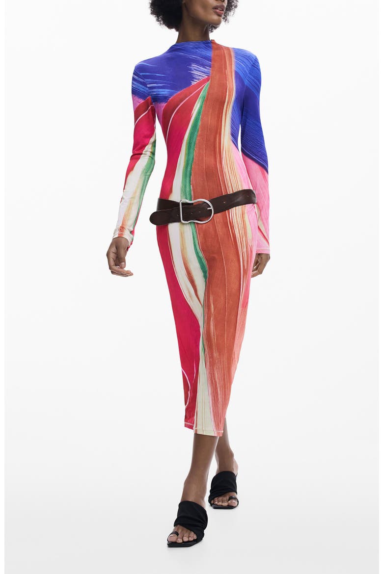 Mock Neck Long Sleeve Midi Dress, Main, color, PINK MULTI