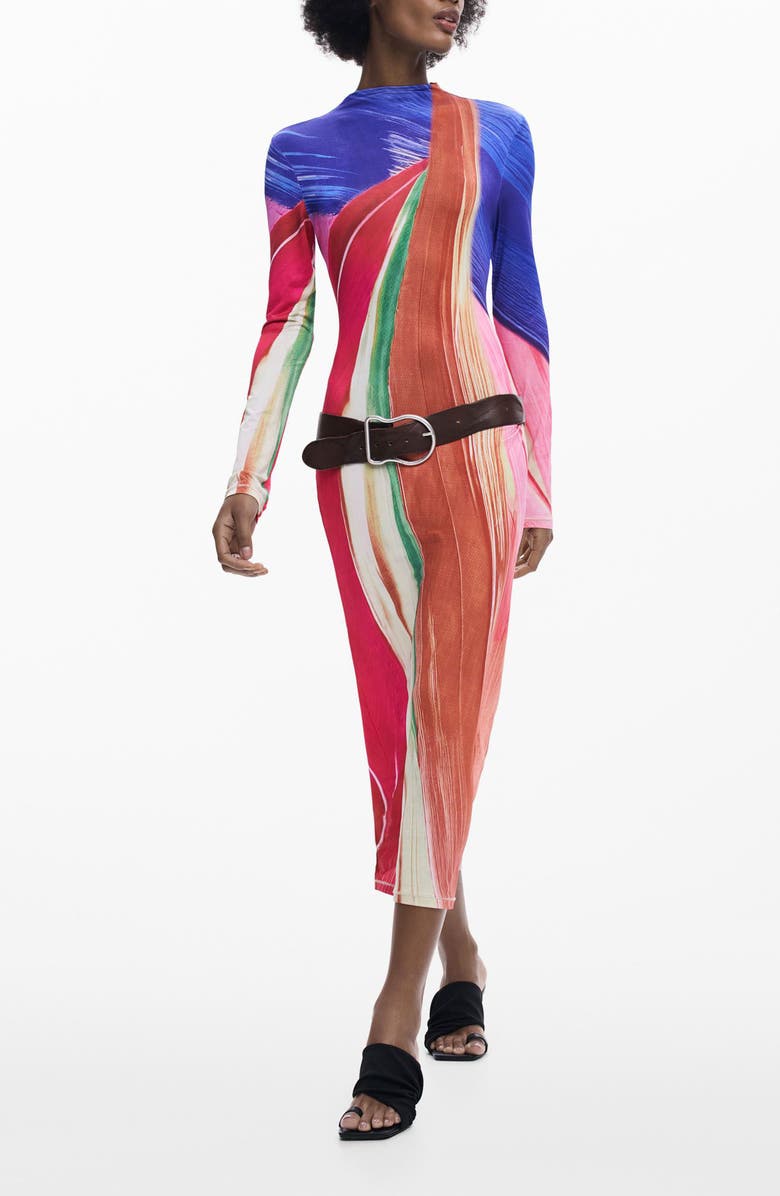 Desigual Mock Neck Long Sleeve Midi Dress, Main, color, Pink Multi