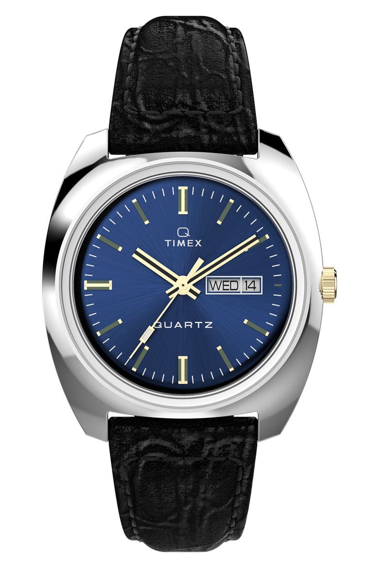 Q Timex 1978 Day/Date Leather Strap Watch, 37.5mm, Main, color, BLACK