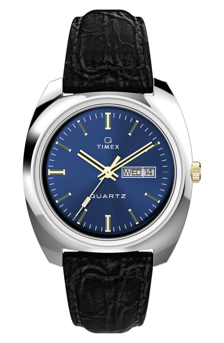 Timex<sup>®</sup> Q Timex 1978 Day/Date Leather Strap Watch, 37.5mm, Main, color, Black