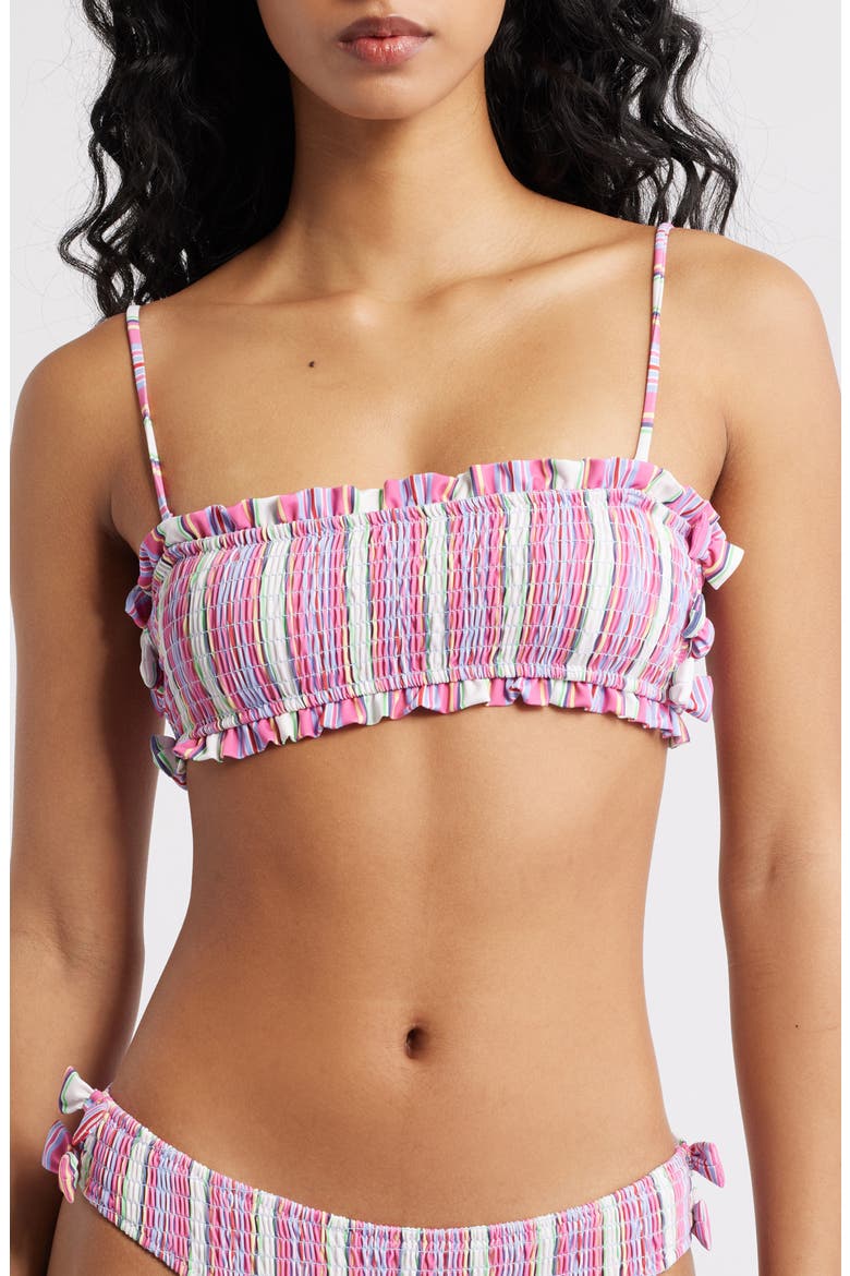 Stripe Smocked Bow Bandeau Bikini Top, Main, color, PINK