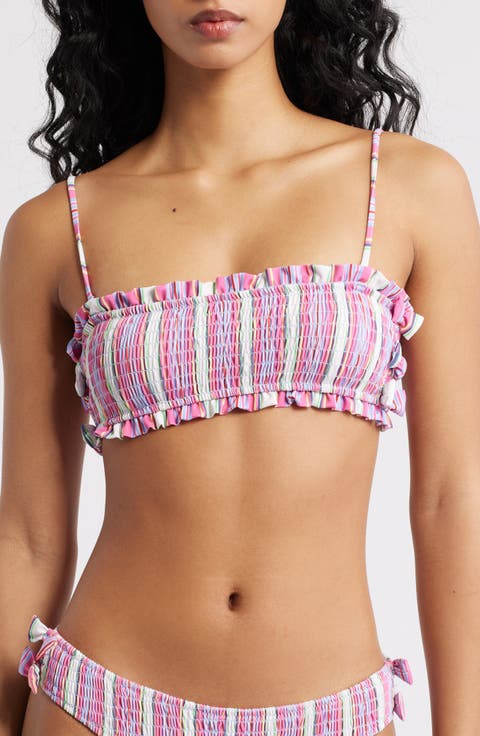 Stripe Smocked Bow Bandeau Bikini Top