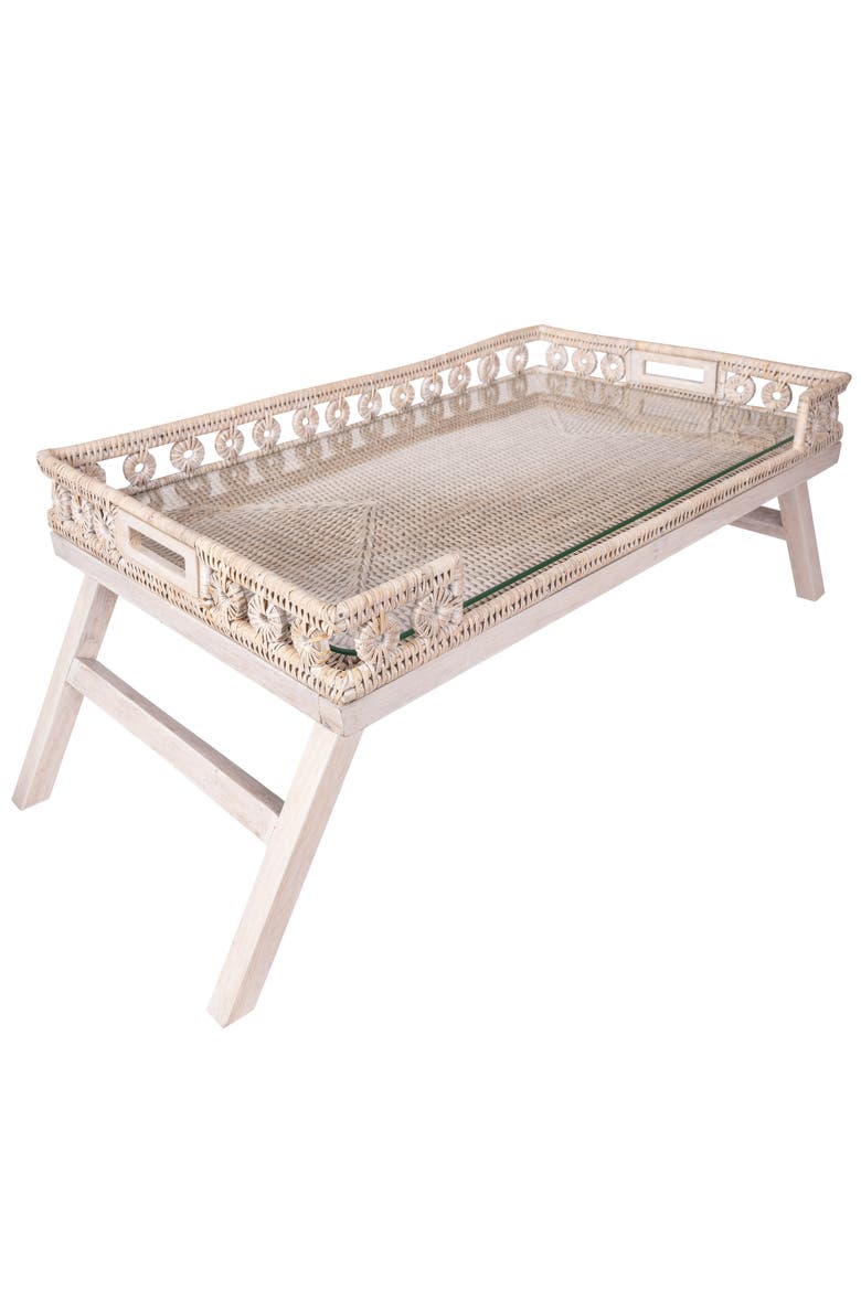 Artifacts Rattan Inna Design Breakfast Tray with Wooden Legs & Glass Insert, Alternate, color, White Wash