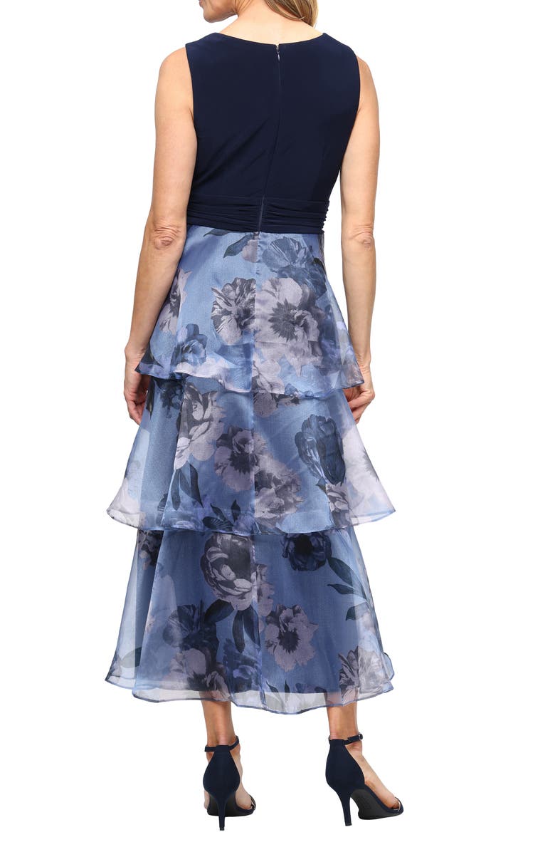 SL FASHIONS Mixed Media Tiered Cocktail Dress, Alternate, color, Navy Multi