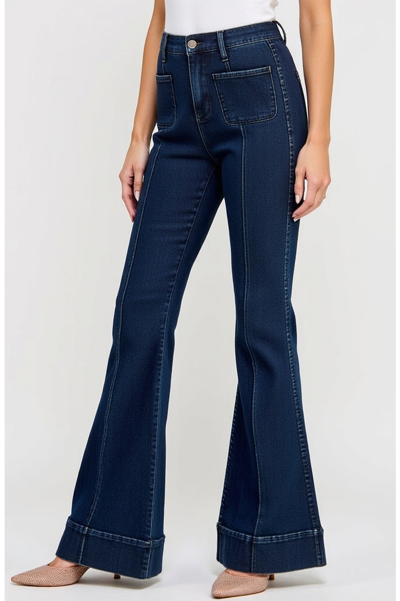 High Waist Flare Jeans with Cuffed Hem and Front Patch Pockets, Alternate, color, Dark Wash Blue