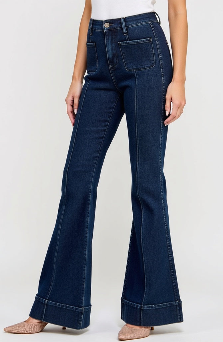 Modenaire High Waist Flare Jeans with Cuffed Hem and Front Patch Pockets, Alternate, color, Dark Wash Blue
