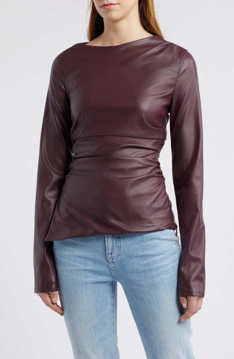 Mistress Rocks Faux Leather Asymmetric Split Hem Top, Main, color, Dark Plum