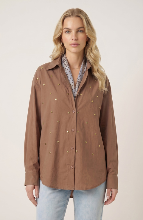 Stud Detail Printed Scarf Button-Up Shirt Set