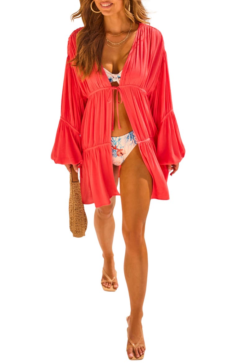 Senara Ruched Cover-Up Duster, Main, color, WATERMELON