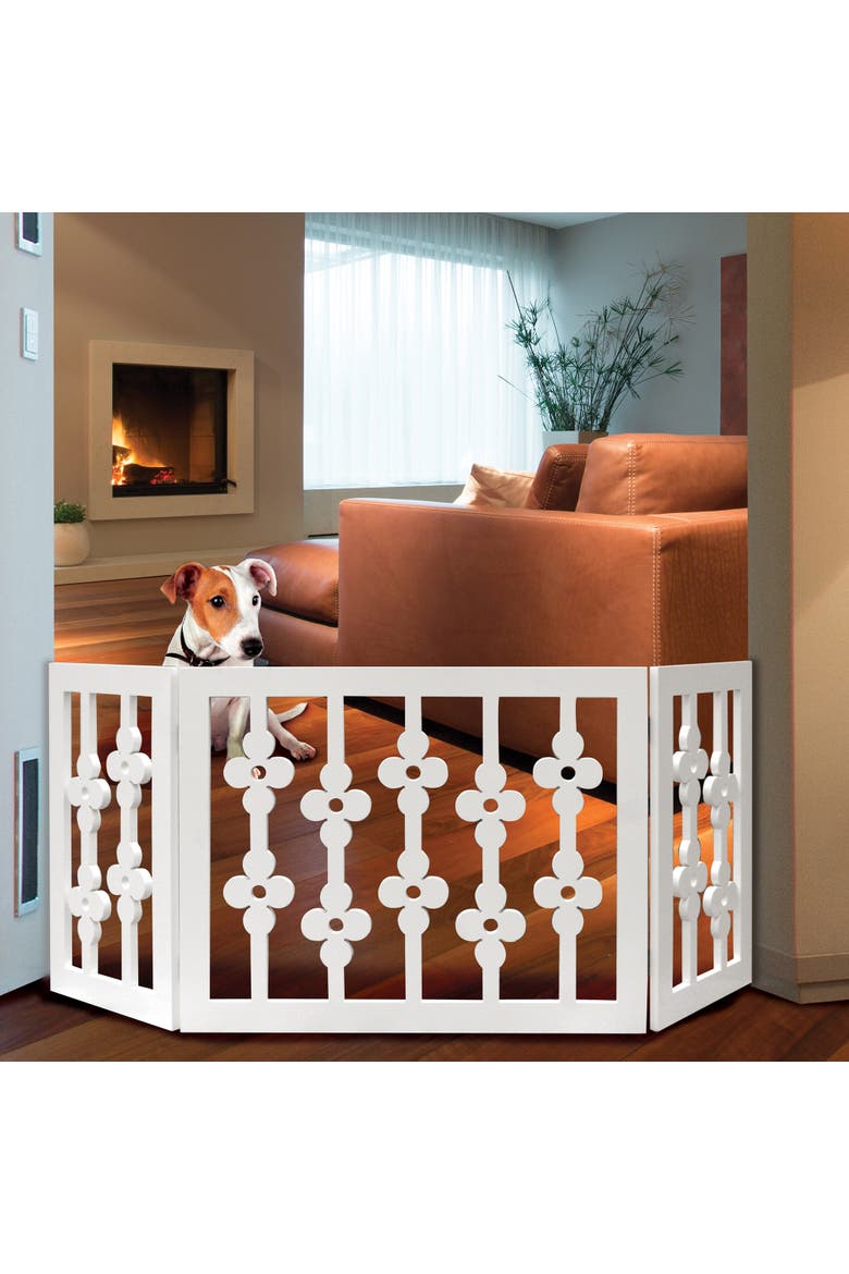 Wooden Pet Gate White Floral, 3Section Dog Gate, Assembled, Alternate, color, Multicolored