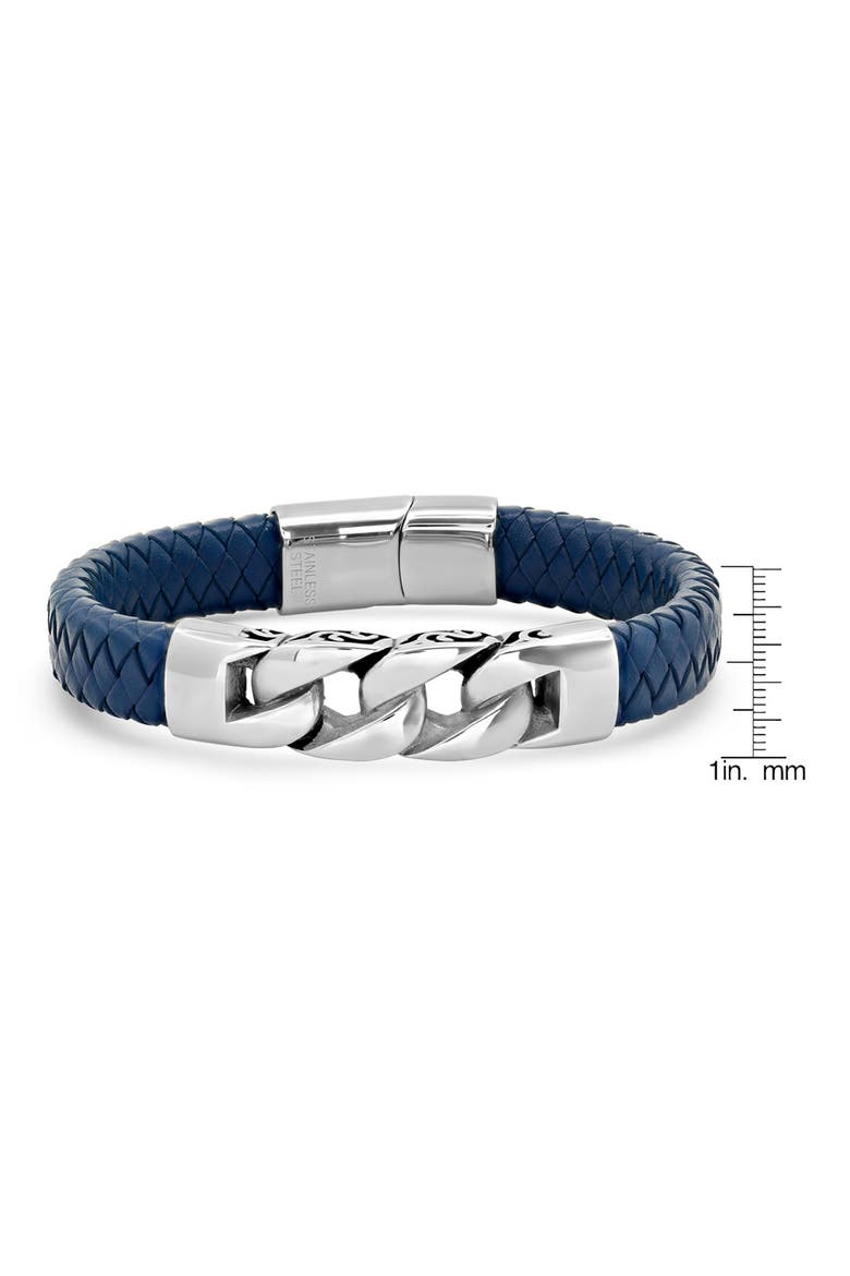 Men's Stainless Steel Link Blue Braided Leather Bracelet, Alternate, color, BLUE-YELLOW