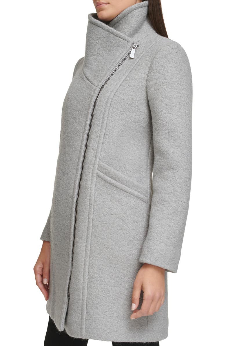 Kenneth Cole Asymmetric Zip Convertible Collar Bouclé Coat, Alternate, color, Light Grey