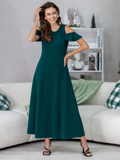 24seven Comfort Apparel Plus Size Ruffle Cold Shoulder A Line Maxi Dress In Blue