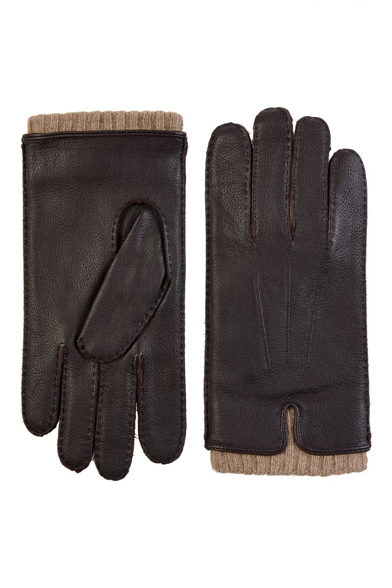 Cashmere Cuff Leather Gloves, Main, color, DARK BROWN