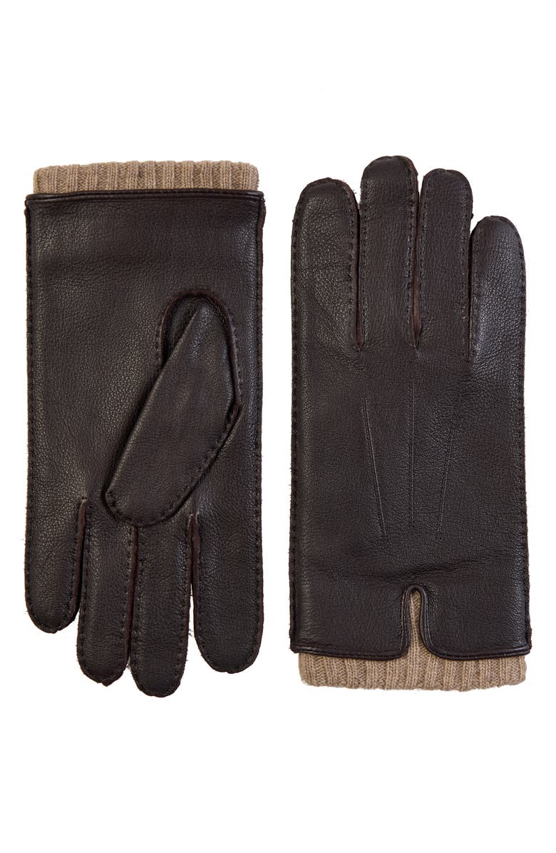 Vince Cashmere Cuff Leather Gloves, Main, color, Dark Brown