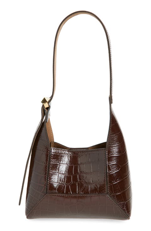 Small Diamond Croc Embossed Leather Hobo Bag